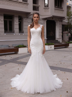 Scoop Cap Sleeve Floral Lace Mermaid Tulle Wedding Dress Illusion Back Pearl Button Sweep Train Bridal Gown