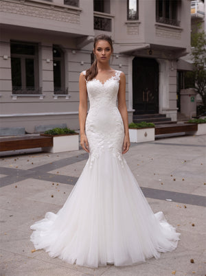 Scoop Cap Sleeve Floral Lace Mermaid Tulle Wedding Dress Illusion Back Pearl Button Sweep Train Bridal Gown