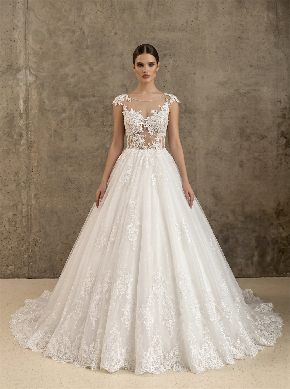 Illusion Neck Cap Sleeve Vertical Lace Button Glitter Tulle Ball Gown Wedding Dress Bridal Dress