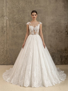 Illusion Neck Cap Sleeve Vertical Lace Button Glitter Tulle Ball Gown Wedding Dress Bridal Dress