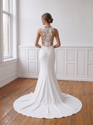 High Halter Sleeveless Crepe Mermaid Wedding Dress Floral Lace Illusion Back Bridal Gown