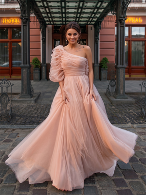 One Shoulder Puff Sleeve Dusty Pink Tulle A Line Evening Dress Ruched Bodice Floor Length Prom Dress