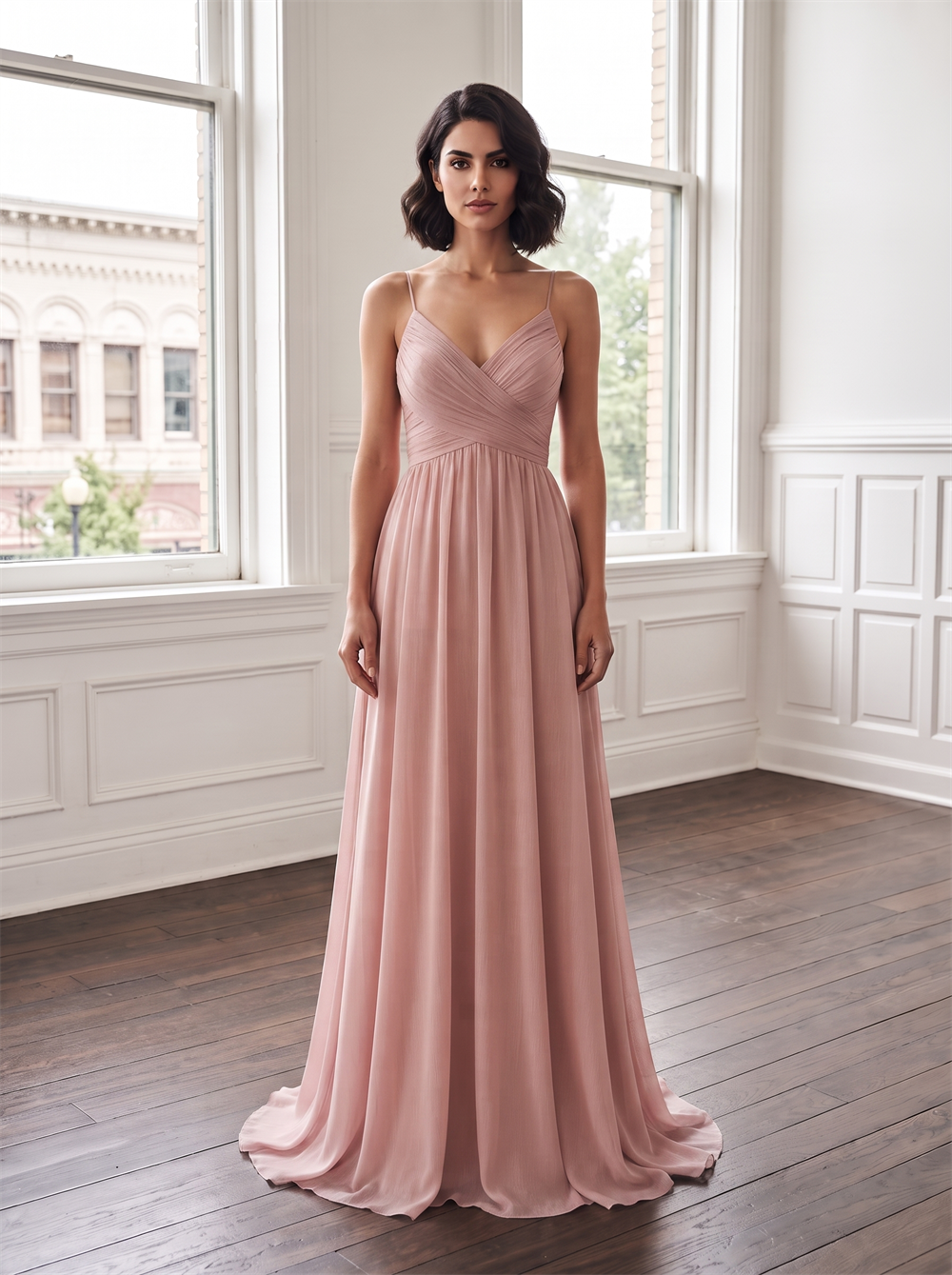 Spaghetti Strap V Neck Cross Ruched Chiffon Bridesmaid Dress Lace Criss Cross Open Back Dusty Rose Formal Wedding Guest Evening Gown