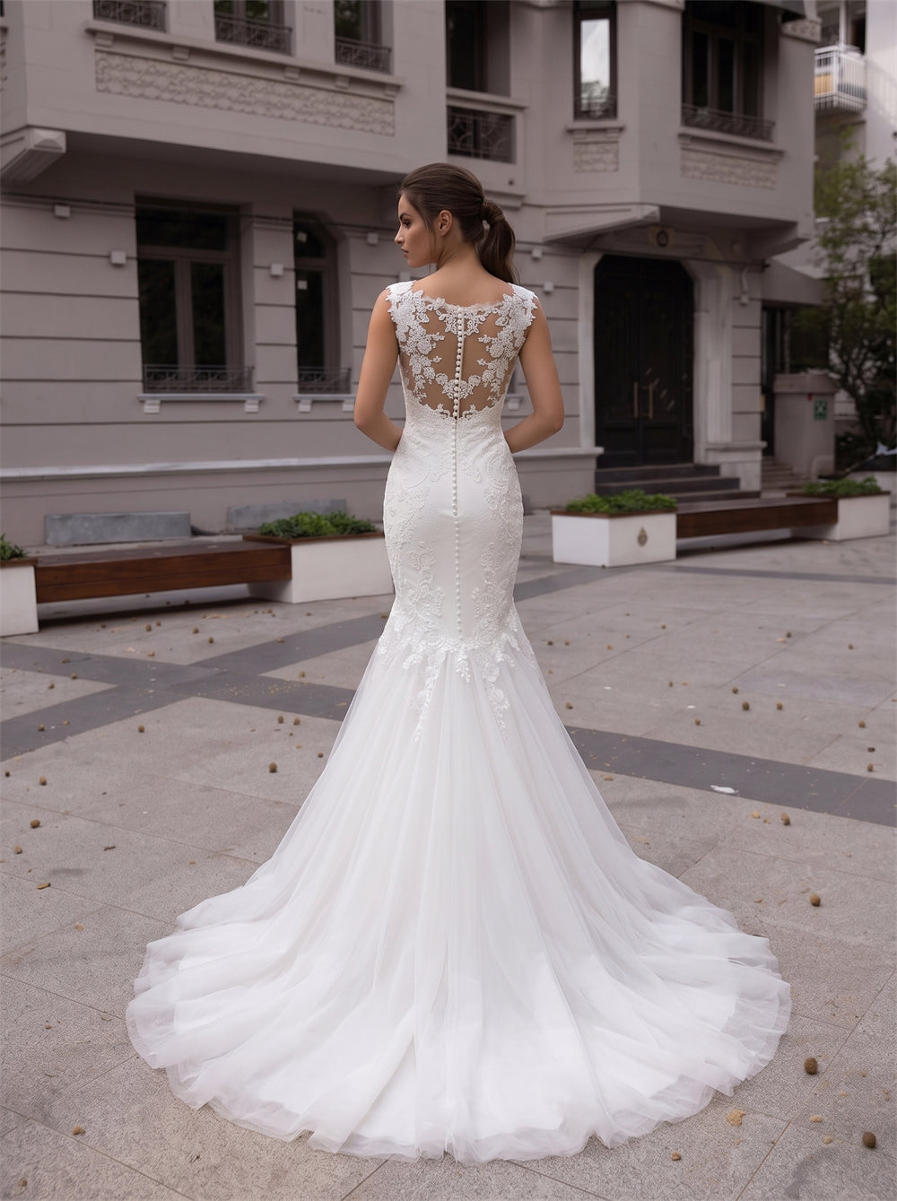 Scoop Cap Sleeve Floral Lace Mermaid Tulle Wedding Dress Illusion Back Pearl Button Sweep Train Bridal Gown
