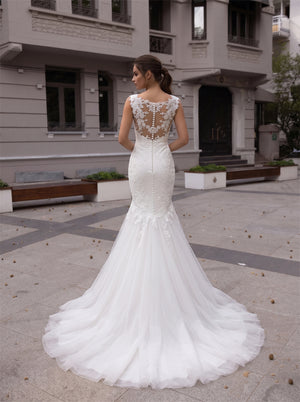 Scoop Cap Sleeve Floral Lace Mermaid Tulle Wedding Dress Illusion Back Pearl Button Sweep Train Bridal Gown