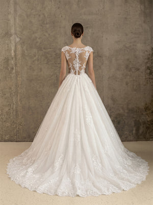 Illusion Neck Cap Sleeve Vertical Lace Button Glitter Tulle Ball Gown Wedding Dress Bridal Dress