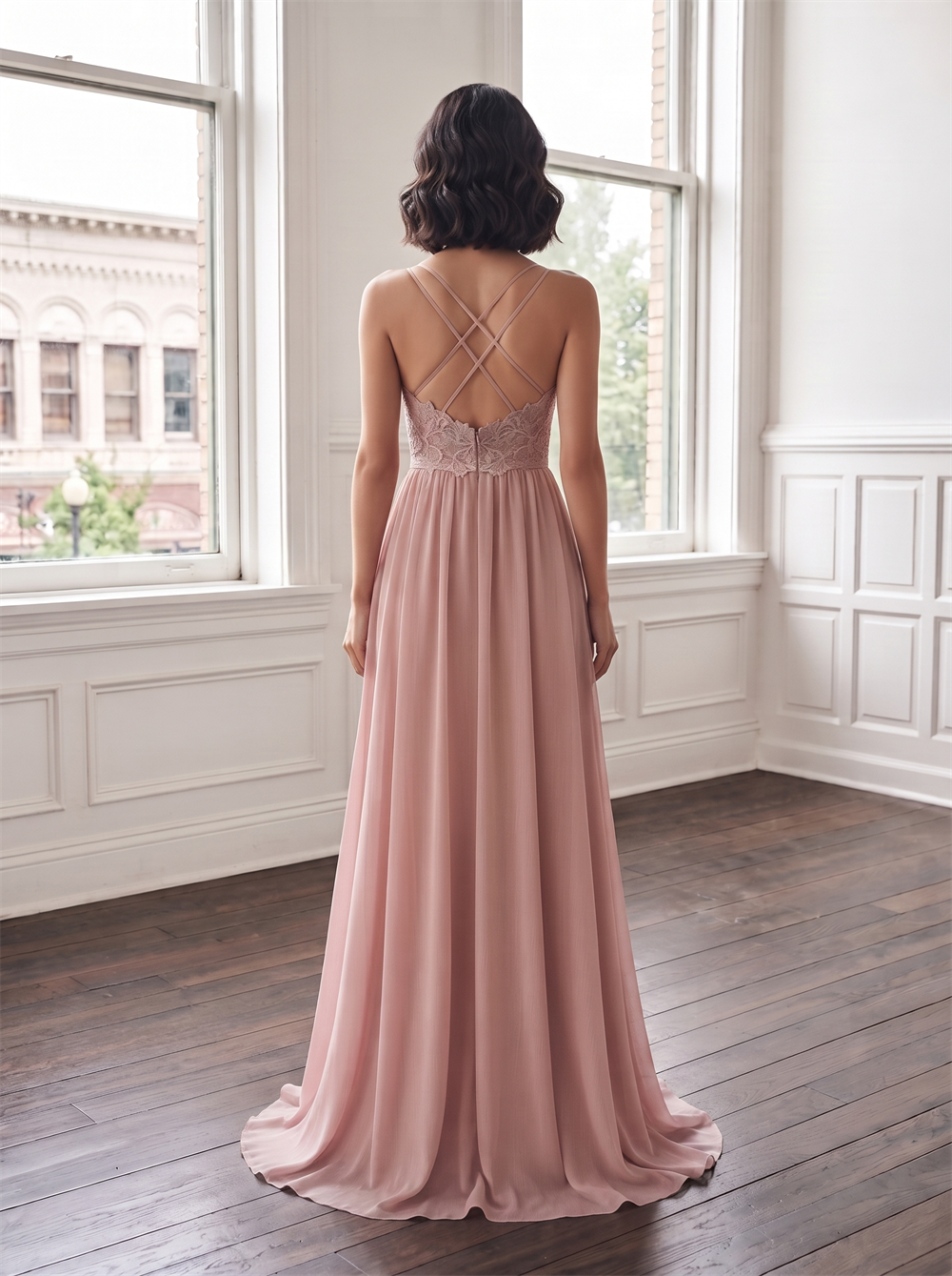 Spaghetti Strap V Neck Cross Ruched Chiffon Bridesmaid Dress Lace Criss Cross Open Back Dusty Rose Formal Wedding Guest Evening Gown