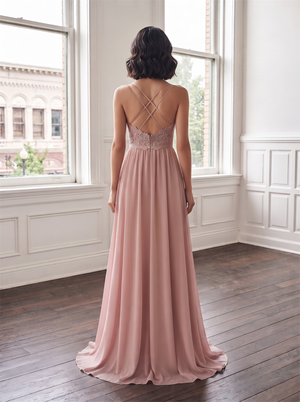 Spaghetti Strap V Neck Cross Ruched Chiffon Bridesmaid Dress Lace Criss Cross Open Back Dusty Rose Formal Wedding Guest Evening Gown