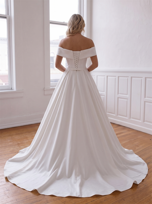 Off The Shoulder Sweetheart Satin Ball Gown Wedding Dress Corset Lace Up Back Satin Waist Bow Bridal Gown