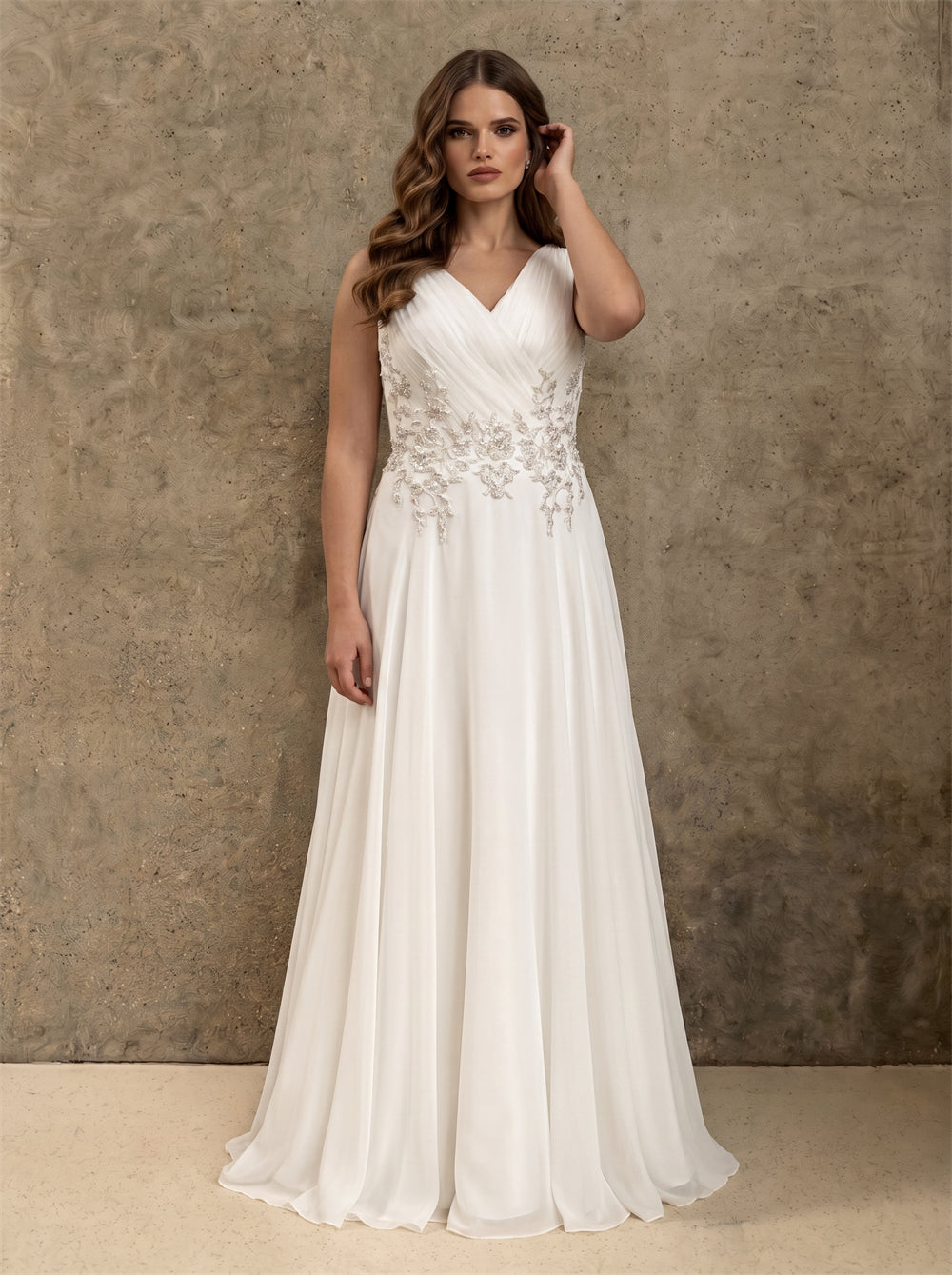 V Neck Sleeveless Wrap Floral Lace Corset Back Chiffon A Line Wedding Dress Bridal Dress