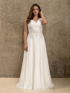 V Neck Sleeveless Wrap Floral Lace Corset Back Chiffon A Line Wedding Dress Bridal Dress