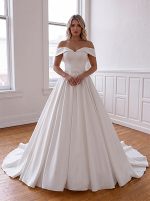 Off The Shoulder Sweetheart Satin Ball Gown Wedding Dress Corset Lace Up Back Satin Waist Bow Bridal Gown