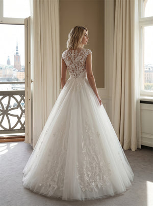 Wedding Dress Cap Sleeve Illusion V Lace Pearl Back Airy Tulle A Line Train Bridal Gown