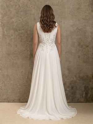 V Neck Sleeveless Wrap Floral Lace Corset Back Chiffon A Line Wedding Dress Bridal Dress