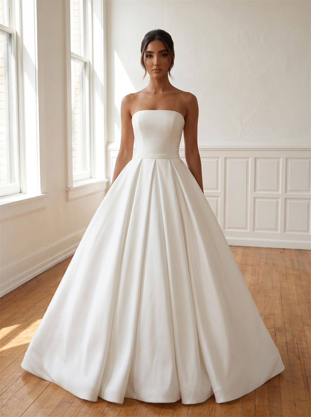 Strapless Straight Neck Satin Ball Gown Wedding Dress Thin Waistband Low Pleated Skirt Bridal Gown
