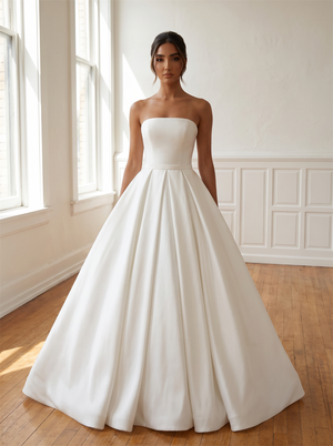 Strapless Straight Neck Satin Ball Gown Wedding Dress Thin Waistband Low Pleated Skirt Bridal Gown