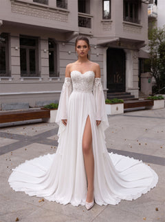 Off The Shoulder Bell Sleeve Lace Chiffon Wedding Dress Sweetheart High Slit Corset Back Court Train Bridal Gown