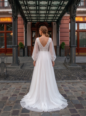 Long Puff Sleeve Dot Tulle Lace A Line Wedding Dress Deep V High Slit Back V Boho Bridal Gown