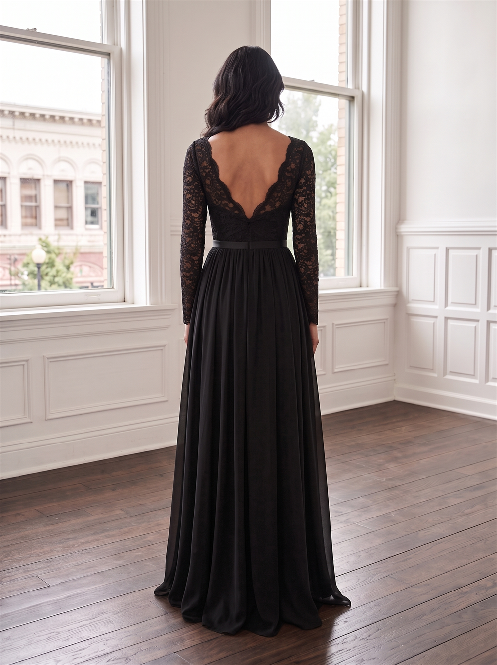 Long Sleeve Scalloped V Neck Lace Chiffon Bridesmaid Dress Satin Sash High Leg Slit Low Back Black Formal Wedding Guest Evening Gown