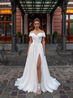 Off The Shoulder Pleated Organza A Line Wedding Dress Pearl Button Back High Slit Soft Bridal Gown