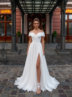 Off The Shoulder Pleated Organza A Line Wedding Dress Pearl Button Back High Slit Soft Bridal Gown