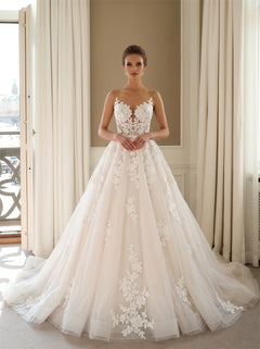Wedding Dress Romantic Boho Tulle A Line Wedding Dress With Thin Spaghetti Straps & Scattered Floral Lace Appliques