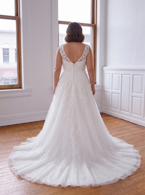 V Spaghetti Strap Floral Lace Plus Size Tulle A Line Wedding Dress V Back Lace Trim Bridal Gown