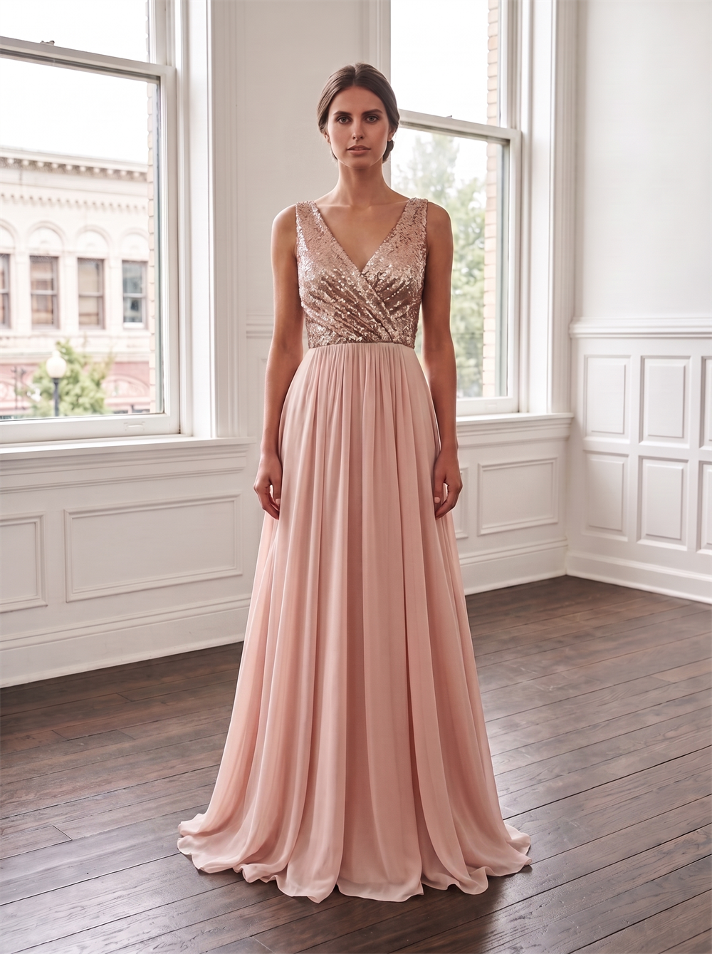 V Neck Rose Gold Sequin Bodice Chiffon Bridesmaid Dress Keyhole Cutout Low Back Dusty Pink Formal Wedding Guest Evening Gown