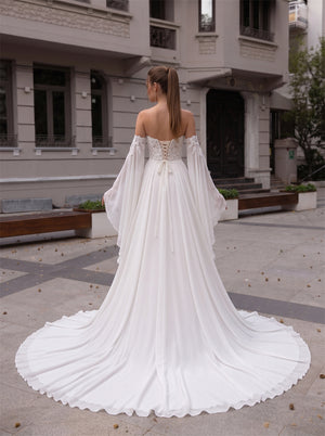 Off The Shoulder Bell Sleeve Lace Chiffon Wedding Dress Sweetheart High Slit Corset Back Court Train Bridal Gown