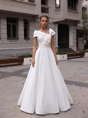 Off The Shoulder Satin Wedding Dress With Big Side Bow Vertical Pearl Button Back A Line  Bridal Gown