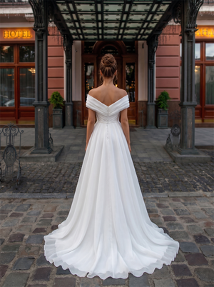 Off The Shoulder Pleated Organza A Line Wedding Dress Pearl Button Back High Slit Soft Bridal Gown