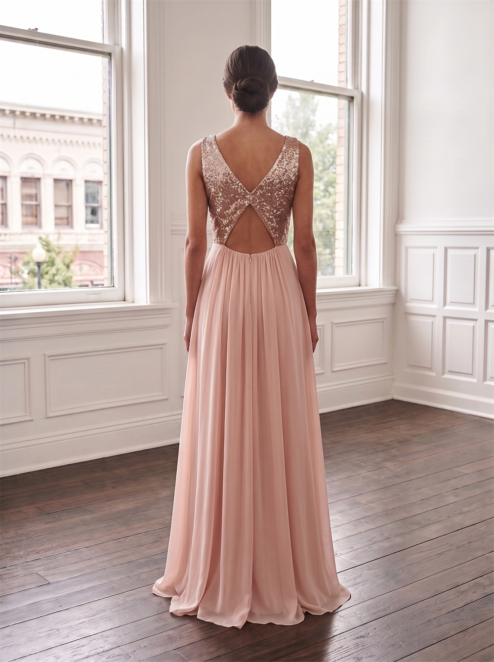 V Neck Rose Gold Sequin Bodice Chiffon Bridesmaid Dress Keyhole Cutout Low Back Dusty Pink Formal Wedding Guest Evening Gown