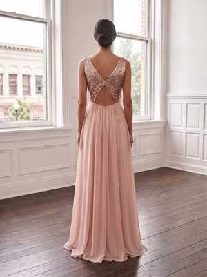 V Neck Rose Gold Sequin Bodice Chiffon Bridesmaid Dress Keyhole Cutout Low Back Dusty Pink Formal Wedding Guest Evening Gown