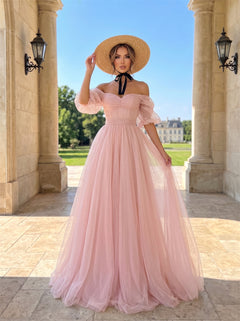 Off Shoulder Sweetheart Ruffle Puff Sleeve Lace-Up Corset Back Soft Tulle A Line Evening Gown