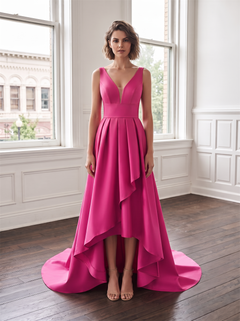 Deep V Neck High Low Satin Bridesmaid Dress V Open Back Side Pockets Train Fuchsia Hot Pink Formal Wedding Guest Evening Gown