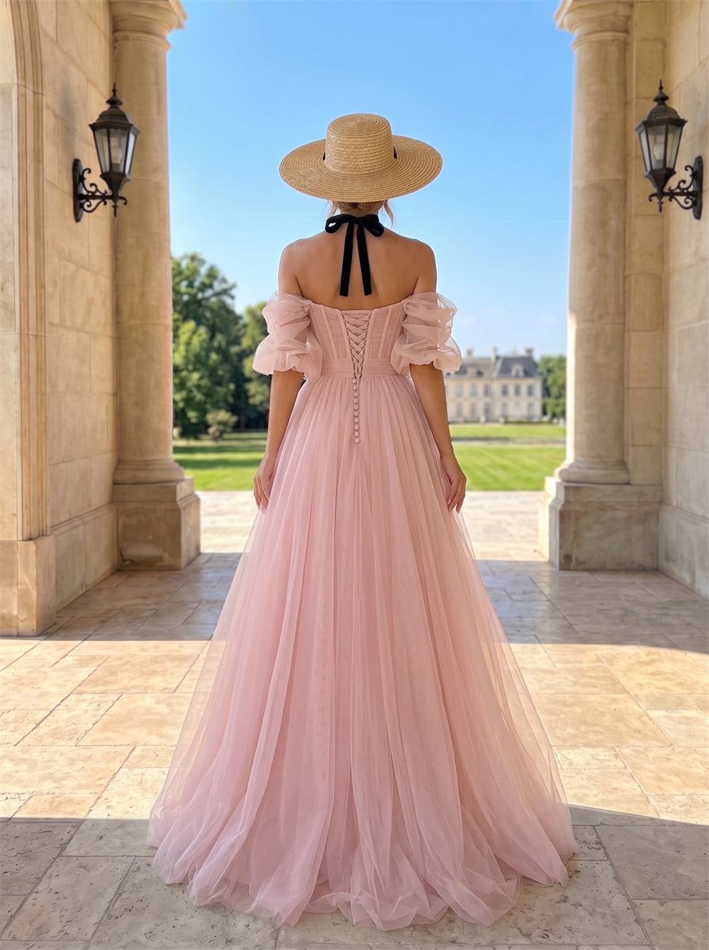 Off Shoulder Sweetheart Ruffle Puff Sleeve Lace-Up Corset Back Soft Tulle A Line Evening Gown