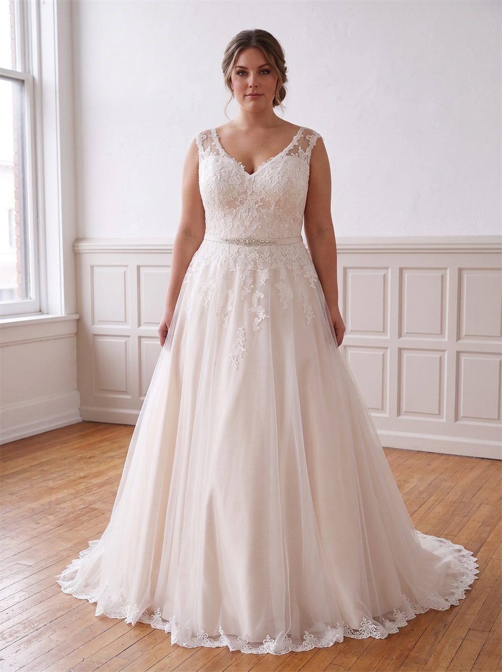 Plus Size V Neck Lace Tulle Ball Gown Wedding Dress Crystal Beaded Waist Sash Curvy Bridal Gown