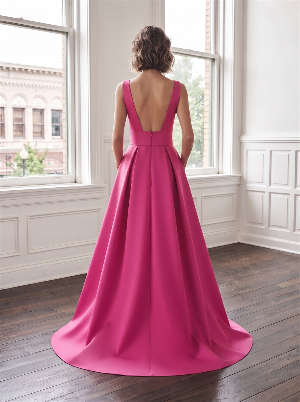 Deep V Neck High Low Satin Bridesmaid Dress V Open Back Side Pockets Train Fuchsia Hot Pink Formal Wedding Guest Evening Gown