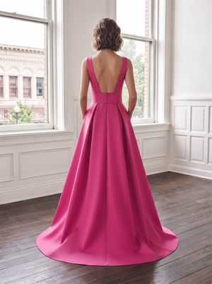 Deep V Neck High Low Satin Bridesmaid Dress V Open Back Side Pockets Train Fuchsia Hot Pink Formal Wedding Guest Evening Gown