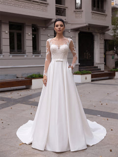 Illusion Long Sleeve Lace Satin Wedding Dress Back Bow Hidden Pockets A Line Bridal Gown