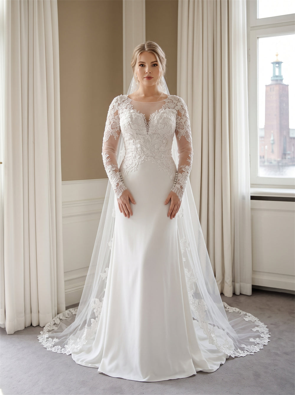 Wedding Dress Illusion Long Sleeve Lace Mermaid Satin Train With Matching Lace Tulle Veil Bridal Gown