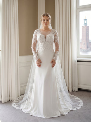 Wedding Dress Illusion Long Sleeve Lace Mermaid Satin Train With Matching Lace Tulle Veil Bridal Gown