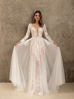 V Neck Long Bell Sleeve Illusion Back Lace Overlay Tulle Mermaid Wedding Dress Bridal Dress