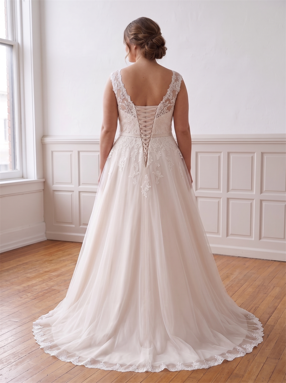 Plus Size V Neck Lace Tulle Ball Gown Wedding Dress Crystal Beaded Waist Sash Curvy Bridal Gown