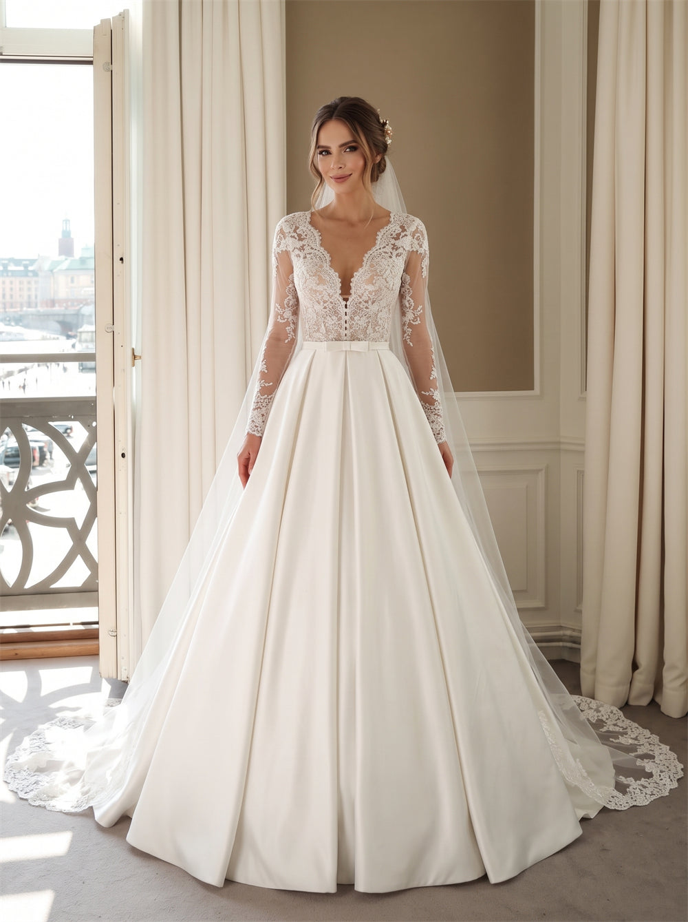 Wedding Dress Lace Long Sleeve Pearl Back Gloss Satin Ball Gown With Lace Edge Cathedral Veil Bridal Gown