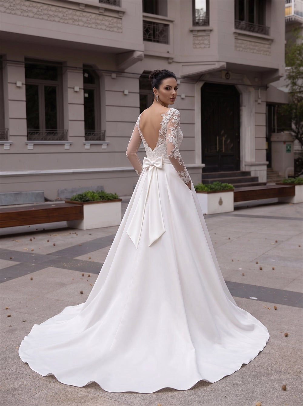 Illusion Long Sleeve Lace Satin Wedding Dress Back Bow Hidden Pockets A Line Bridal Gown