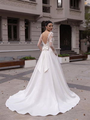 Illusion Long Sleeve Lace Satin Wedding Dress Back Bow Hidden Pockets A Line Bridal Gown