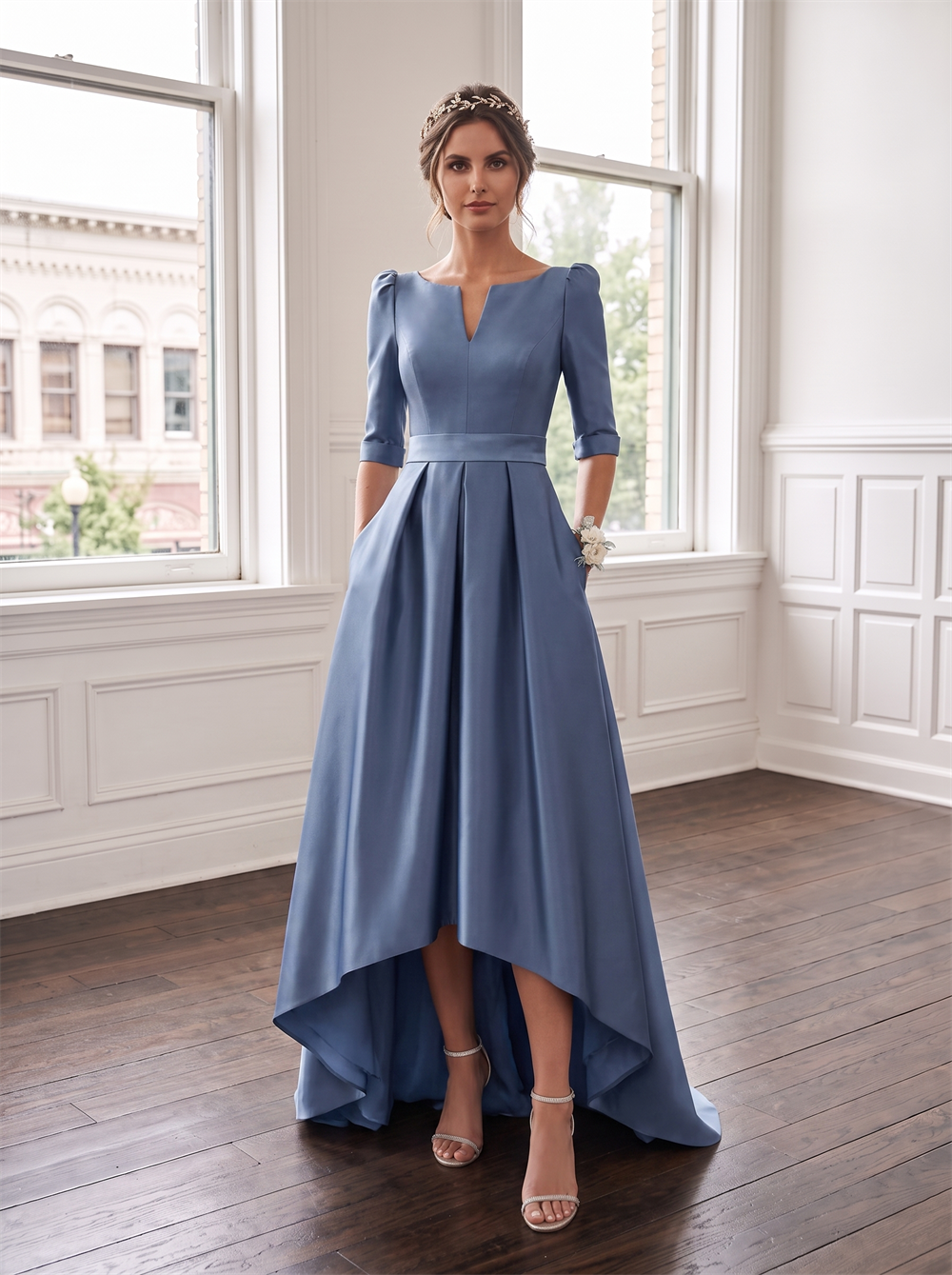 3/4 Puffed Sleeve Notched Square Neck Satin Bridesmaid Dress Deep Side Pockets High Low Train Dusty Slate Blue Formal Wedding Guest Evening Gown