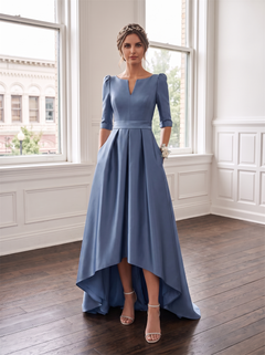 3/4 Puffed Sleeve Notched Square Neck Satin Bridesmaid Dress Deep Side Pockets High Low Train Dusty Slate Blue Formal Wedding Guest Evening Gown