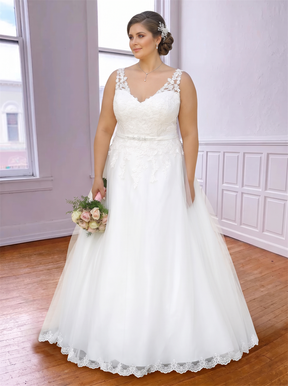 Plus Size V Spaghetti Strap Lace Tulle Wedding Dress Crystal Beaded Waistband Corset Lace Up Back A Line Curvy Bridal Gown